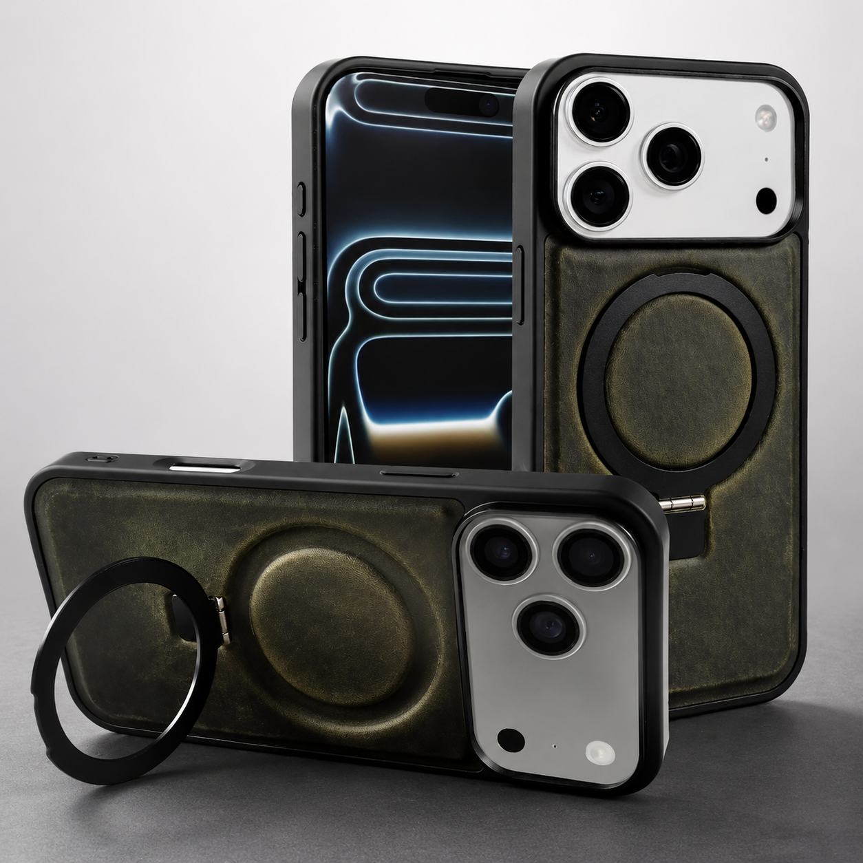 Premium iPhone Case Genuine Leather Magnetic Kickstand Foldable Bracket Stand Shockproof Protective Cover Slim Full Coverage Back Shell Design
