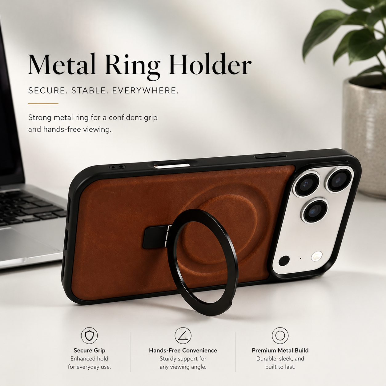 Premium iPhone Case Genuine Leather Magnetic Kickstand Foldable Bracket Stand Shockproof Protective Cover Slim Full Coverage Back Shell Design