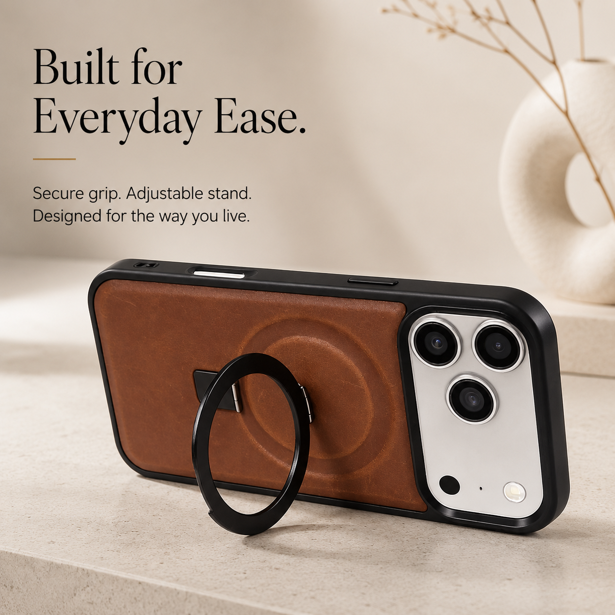 Premium iPhone Case Genuine Leather Magnetic Kickstand Foldable Bracket Stand Shockproof Protective Cover Slim Full Coverage Back Shell Design