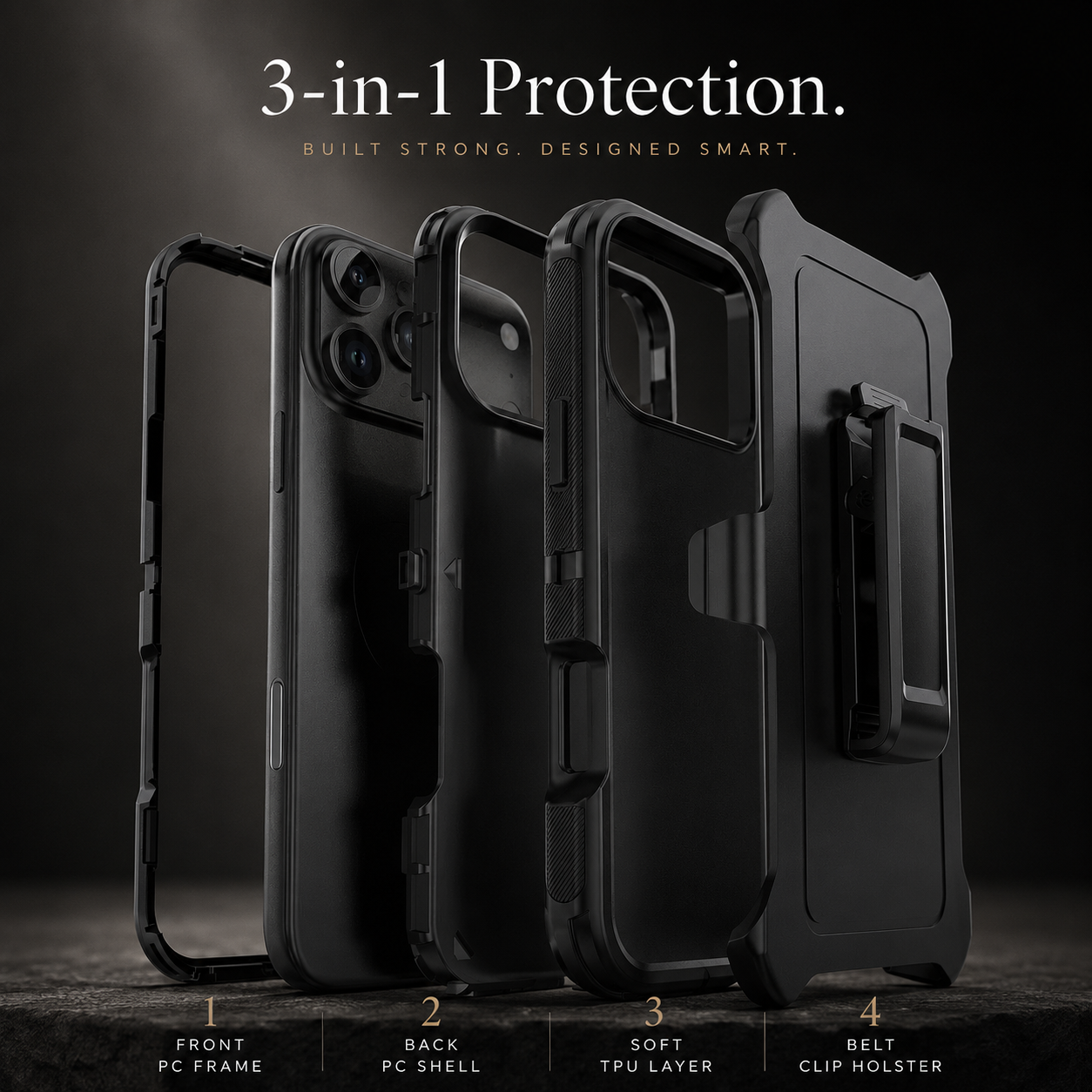 Premium iPhone Case Heavy Duty 3 Layer Hybrid Protective Cover Belt Clip Holster Shockproof Hard PC Matte Anti Fingerprint Full Coverage Design