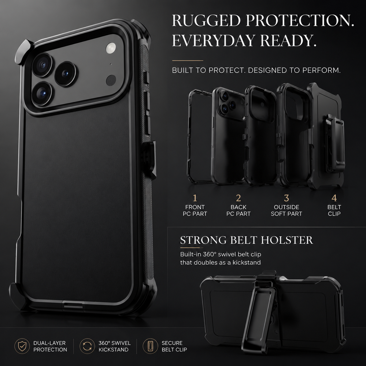 Premium iPhone Case Heavy Duty 3 Layer Hybrid Protective Cover Belt Clip Holster Shockproof Hard PC Matte Anti Fingerprint Full Coverage Design