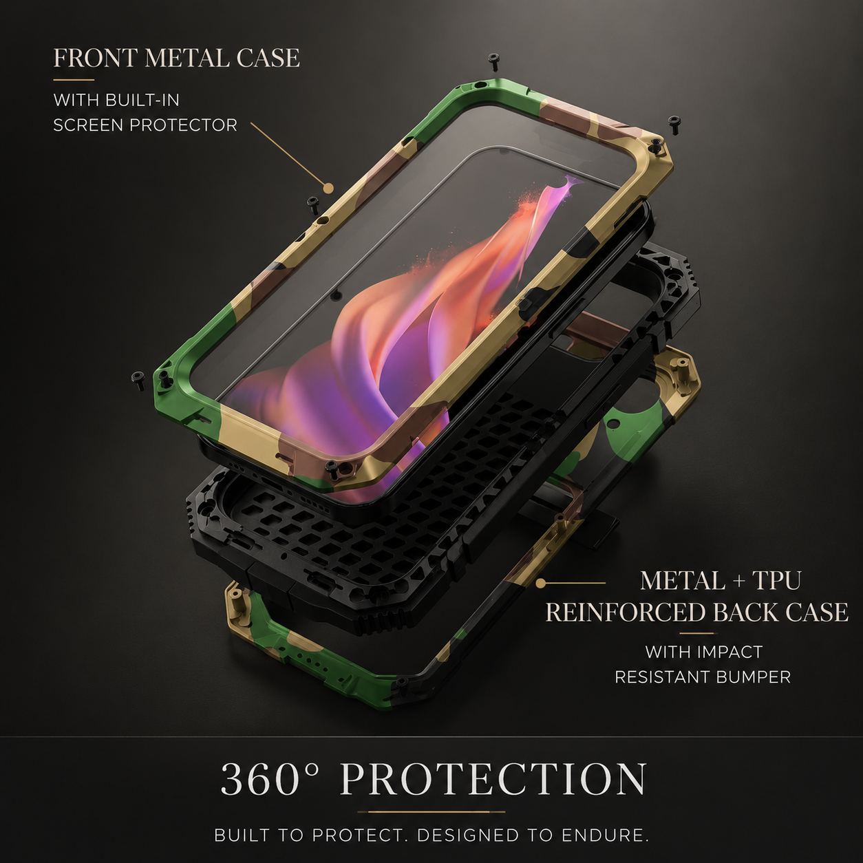 Premium iPhone Case Heavy Duty Aluminum Metal Armor Cover Tempered Glass Screen Shockproof Water Resistant Full Body Kickstand Camera Protection