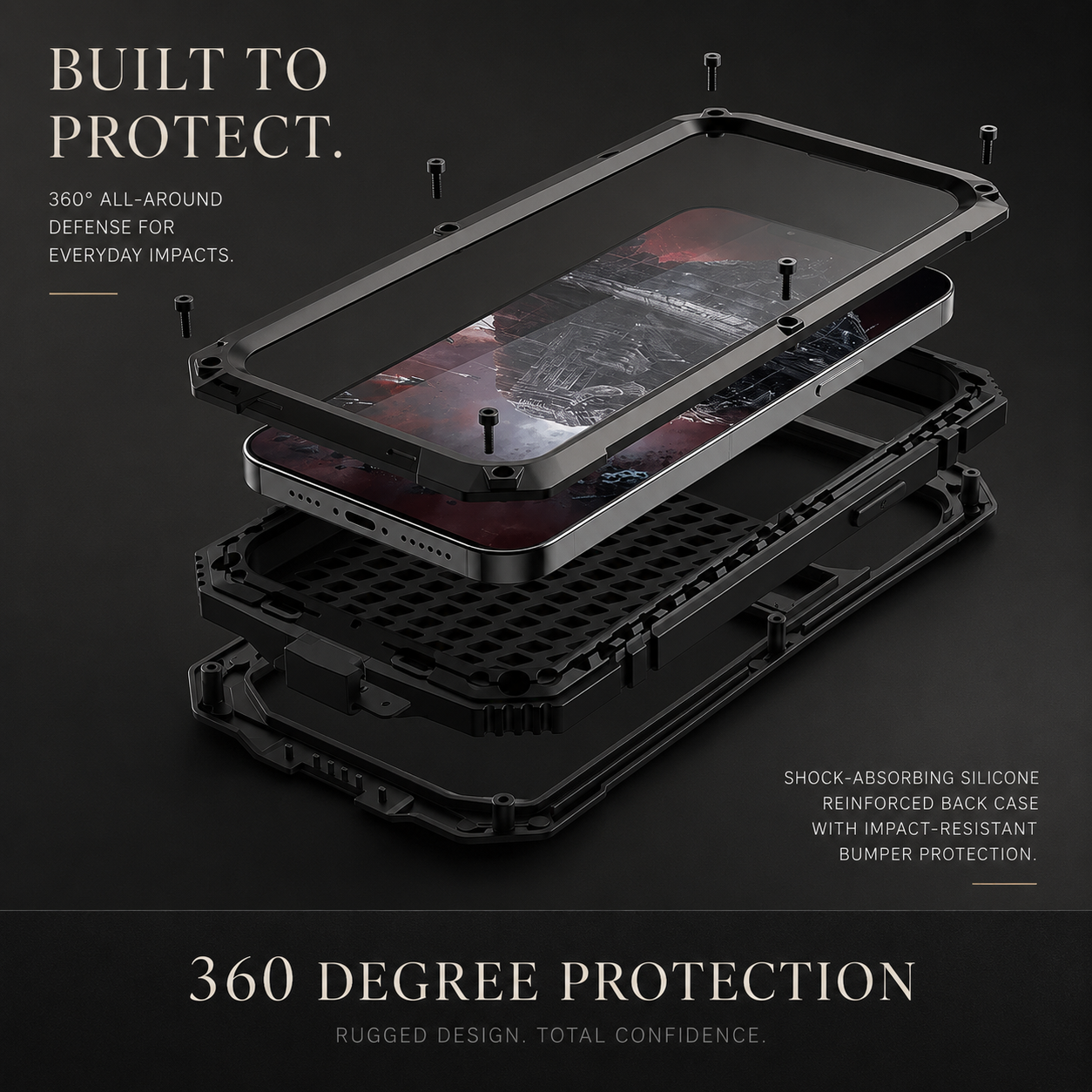 Premium iPhone Case Heavy Duty Aluminum Metal Armor Cover Tempered Glass Screen Shockproof Water Resistant Full Body Kickstand Camera Protection
