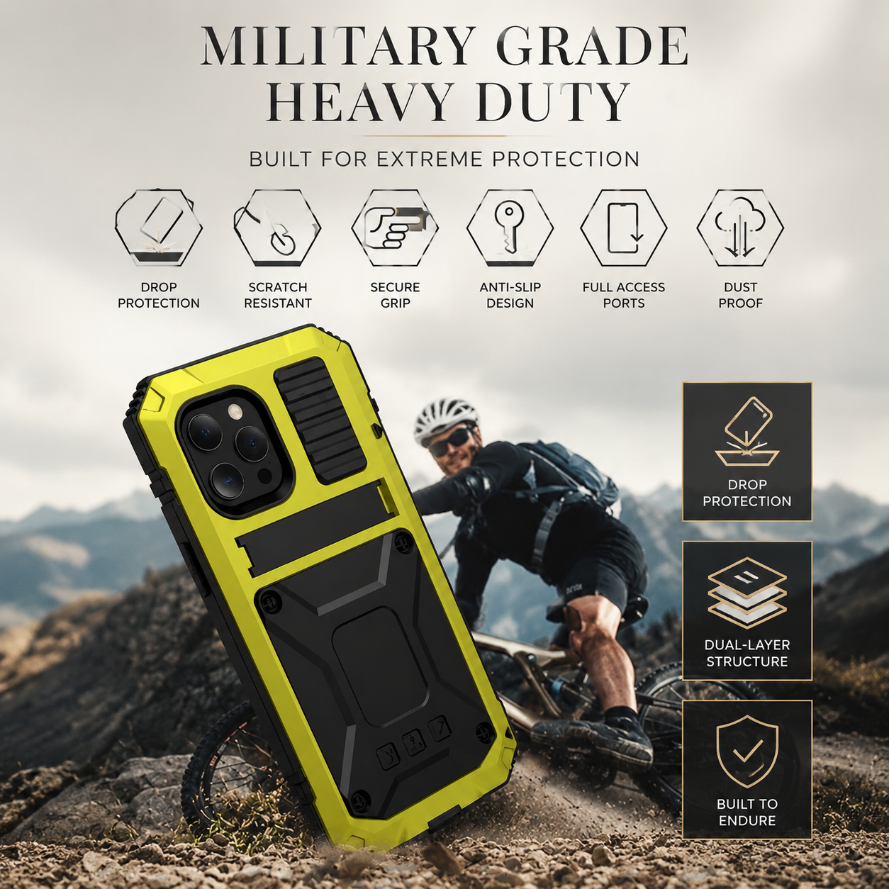 Premium iPhone Case Heavy Duty Aluminum Metal Armor Cover Tempered Glass Screen Shockproof Water Resistant Full Body Kickstand Camera Protection