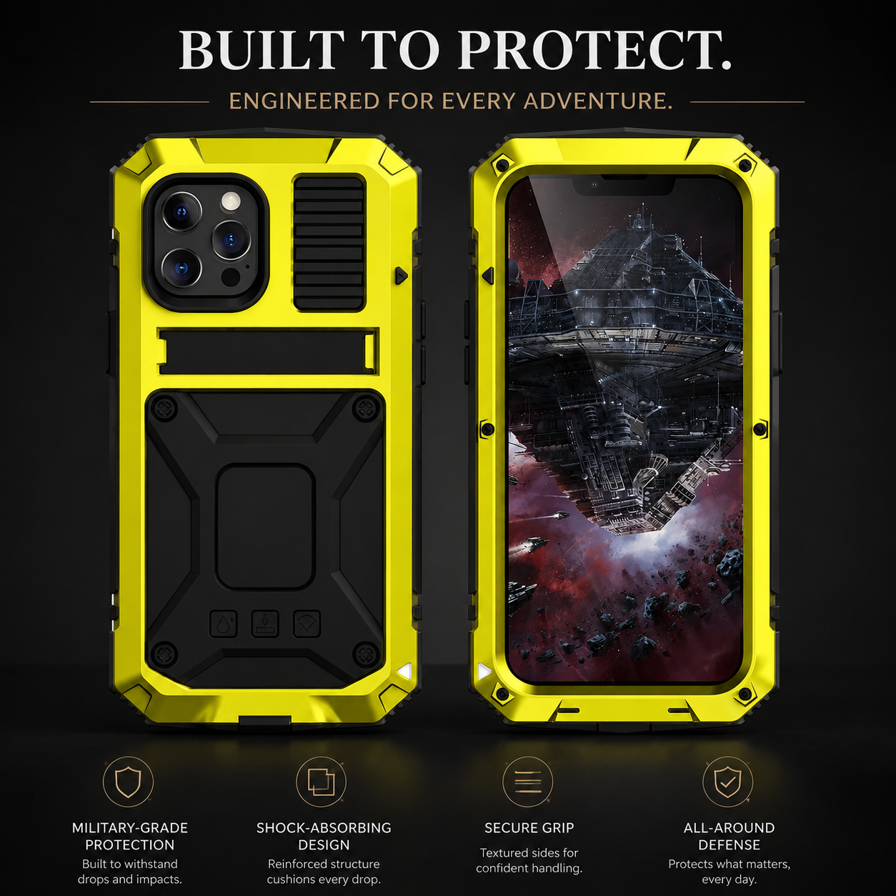 Premium iPhone Case Heavy Duty Aluminum Metal Armor Cover Tempered Glass Screen Shockproof Water Resistant Full Body Kickstand Camera Protection