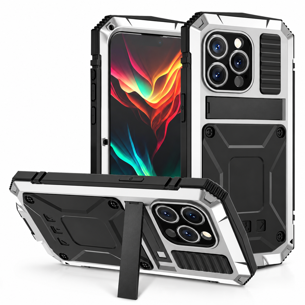 Premium iPhone Case Heavy Duty Aluminum Metal Armor Cover Tempered Glass Screen Shockproof Water Resistant Full Body Kickstand Camera Protection