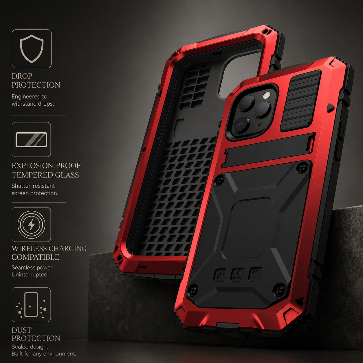 Premium iPhone Case Heavy Duty Aluminum Metal Armor Cover Tempered Glass Screen Shockproof Water Resistant Full Body Kickstand Camera Protection