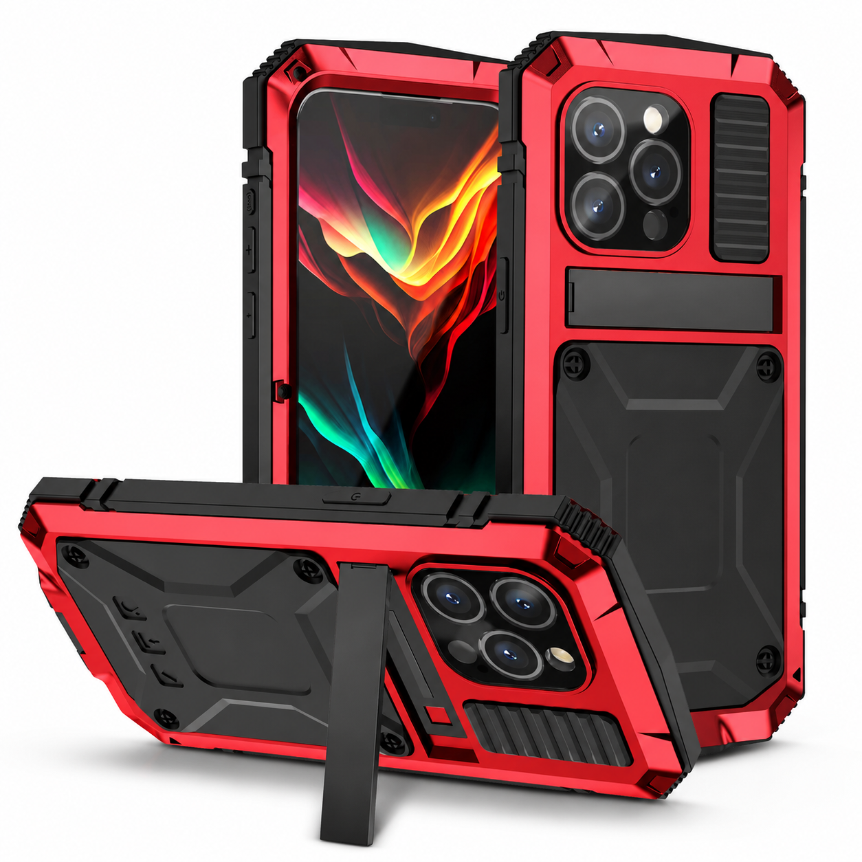 Premium iPhone Case Heavy Duty Aluminum Metal Armor Cover Tempered Glass Screen Shockproof Water Resistant Full Body Kickstand Camera Protection
