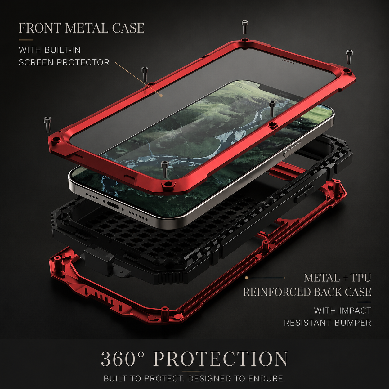 Premium iPhone Case Heavy Duty Aluminum Metal Armor Cover Tempered Glass Screen Shockproof Water Resistant Full Body Kickstand Camera Protection