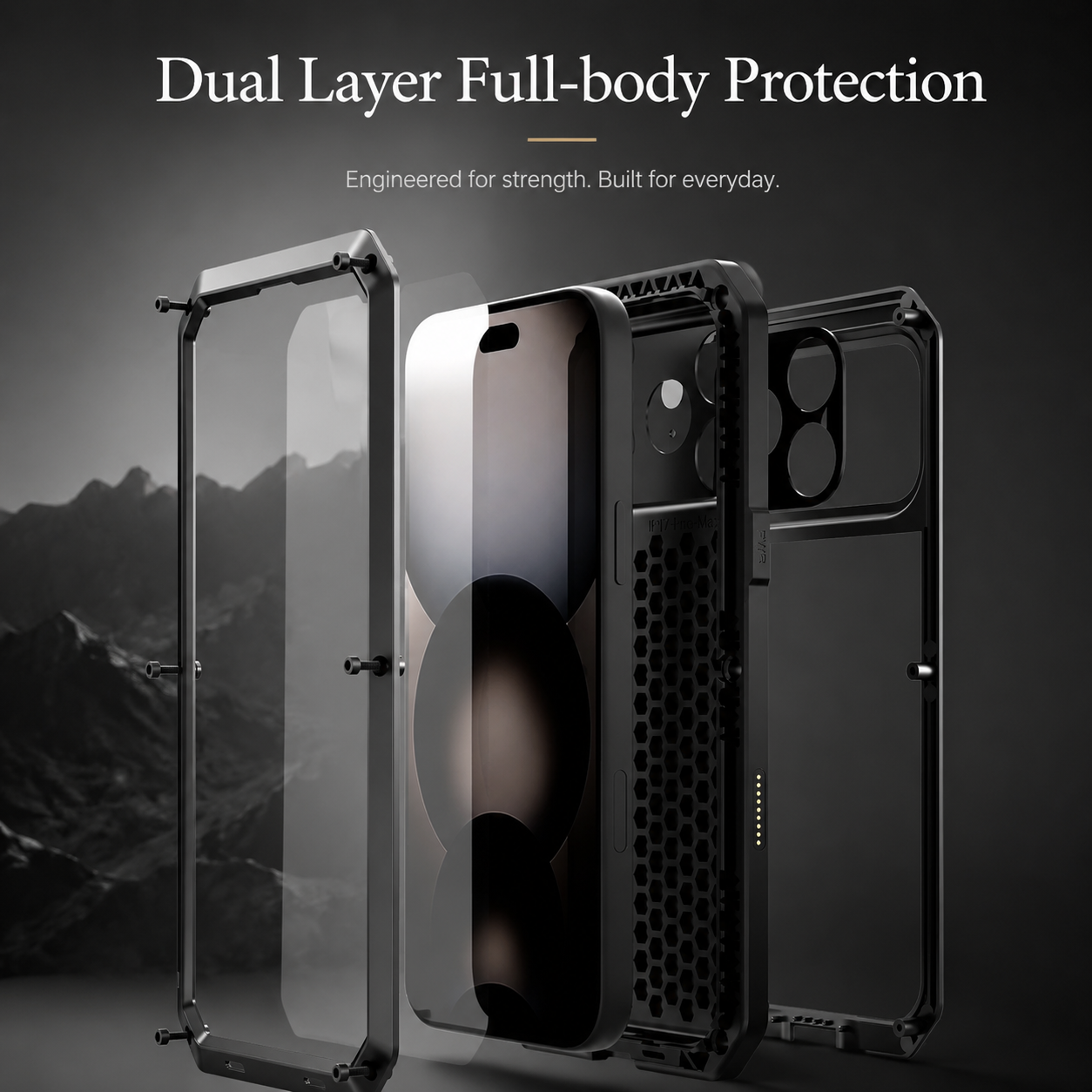Premium iPhone Case Heavy Duty Metal Protective Cover Built In Glass Screen Protector Shockproof TPU PC Rugged Camera Protection Full Coverage