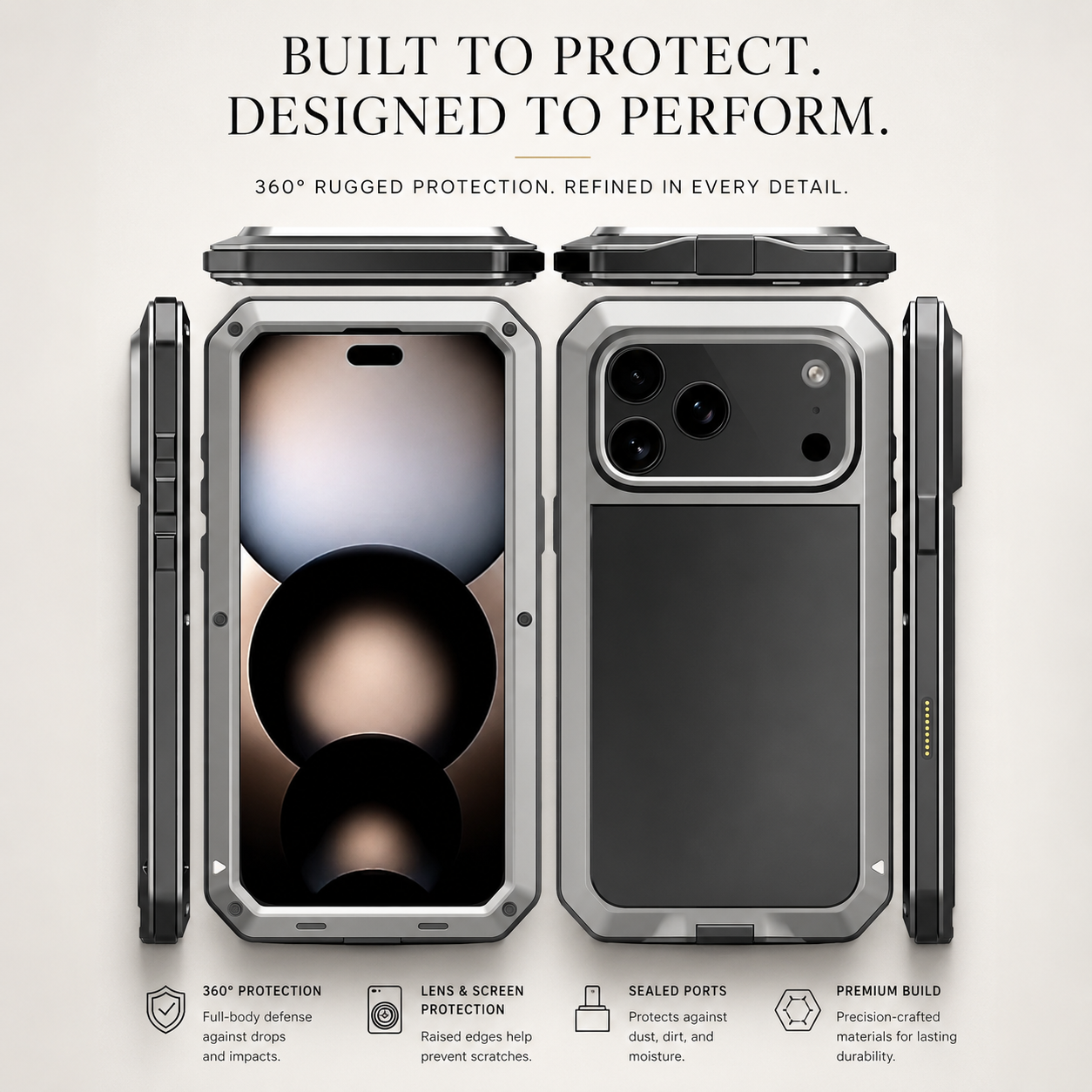 Premium iPhone Case Heavy Duty Metal Protective Cover Built In Glass Screen Protector Shockproof TPU PC Rugged Camera Protection Full Coverage