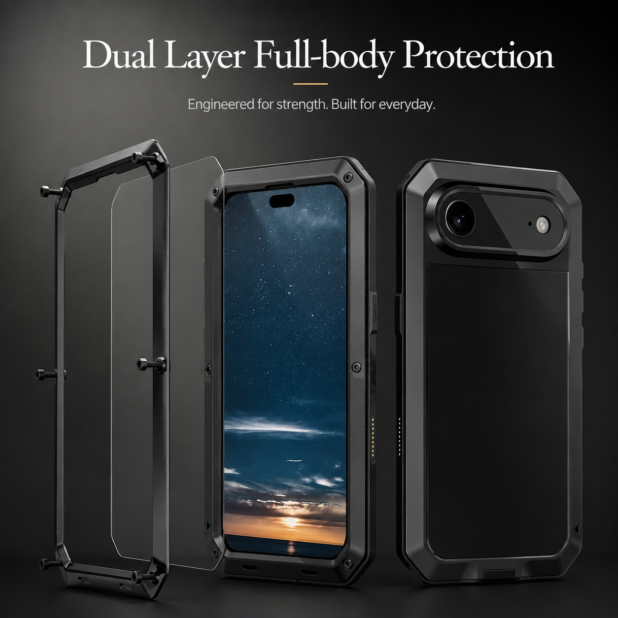 Premium iPhone Case Heavy Duty Metal Protective Cover Built In Glass Screen Protector Shockproof TPU PC Rugged Camera Protection Full Coverage