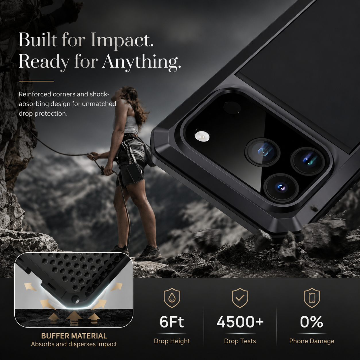 Premium iPhone Case Heavy Duty Metal Protective Cover Built In Glass Screen Protector Shockproof TPU PC Rugged Camera Protection Full Coverage