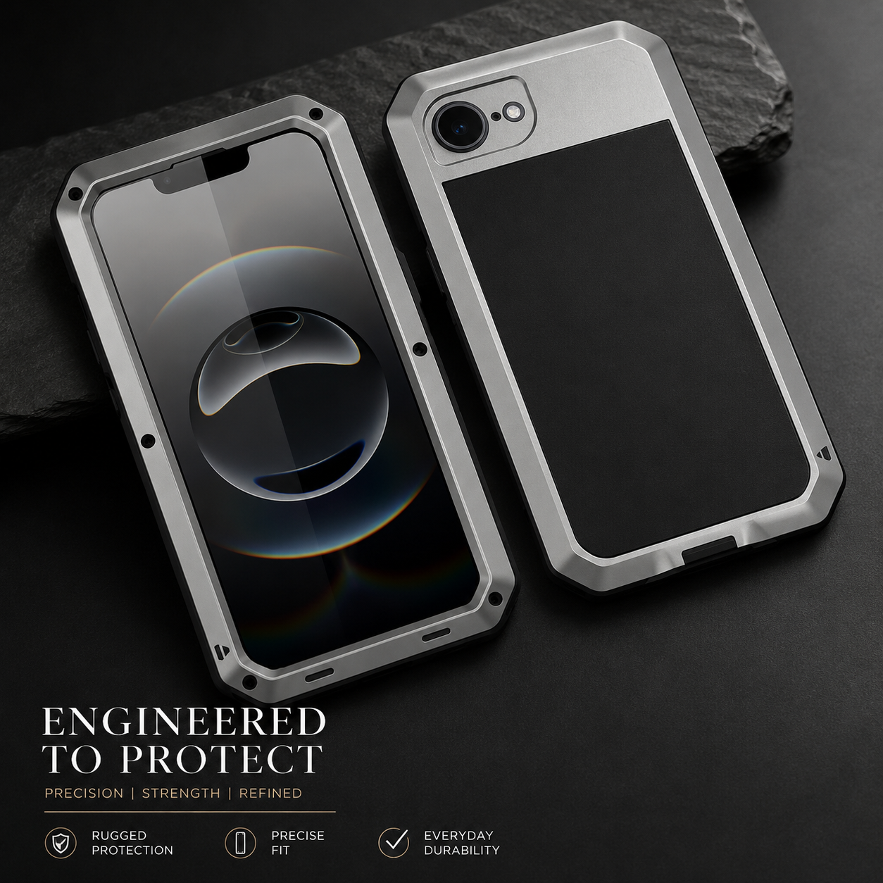 Premium iPhone Case Heavy Duty Metal Protective Cover Built In Glass Screen Protector Shockproof TPU PC Rugged Camera Protection Full Coverage