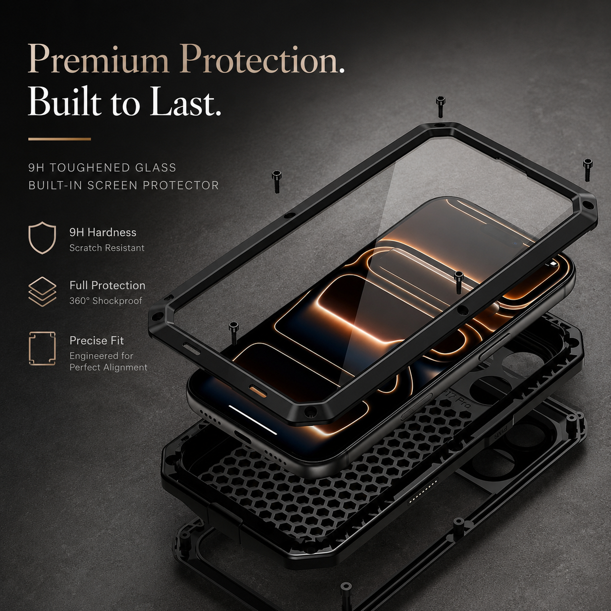 Premium iPhone Case Heavy Duty Metal Protective Cover Built In Glass Screen Protector Shockproof TPU PC Rugged Camera Protection Full Coverage