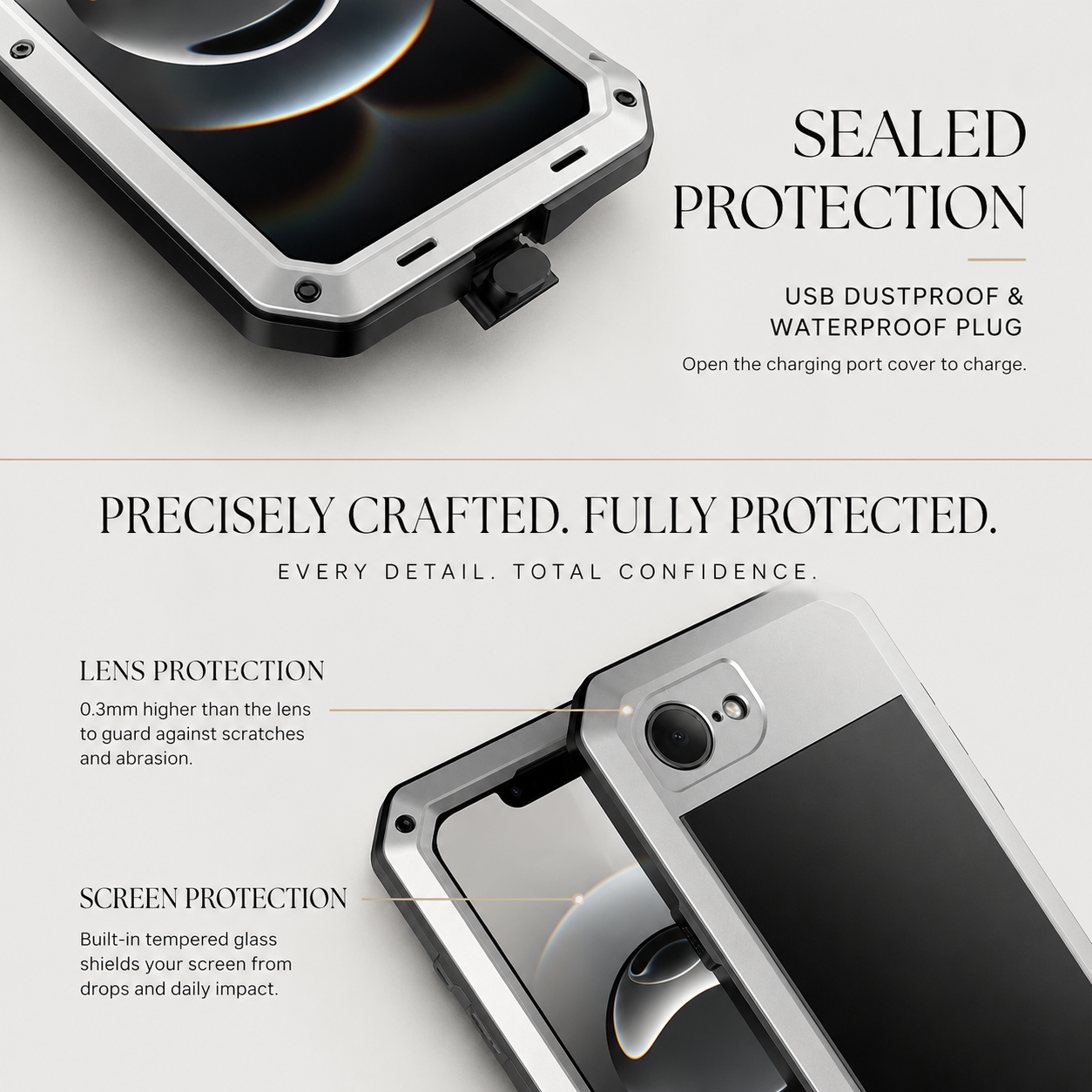 Premium iPhone Case Heavy Duty Metal Protective Cover Built In Glass Screen Protector Shockproof TPU PC Rugged Camera Protection Full Coverage