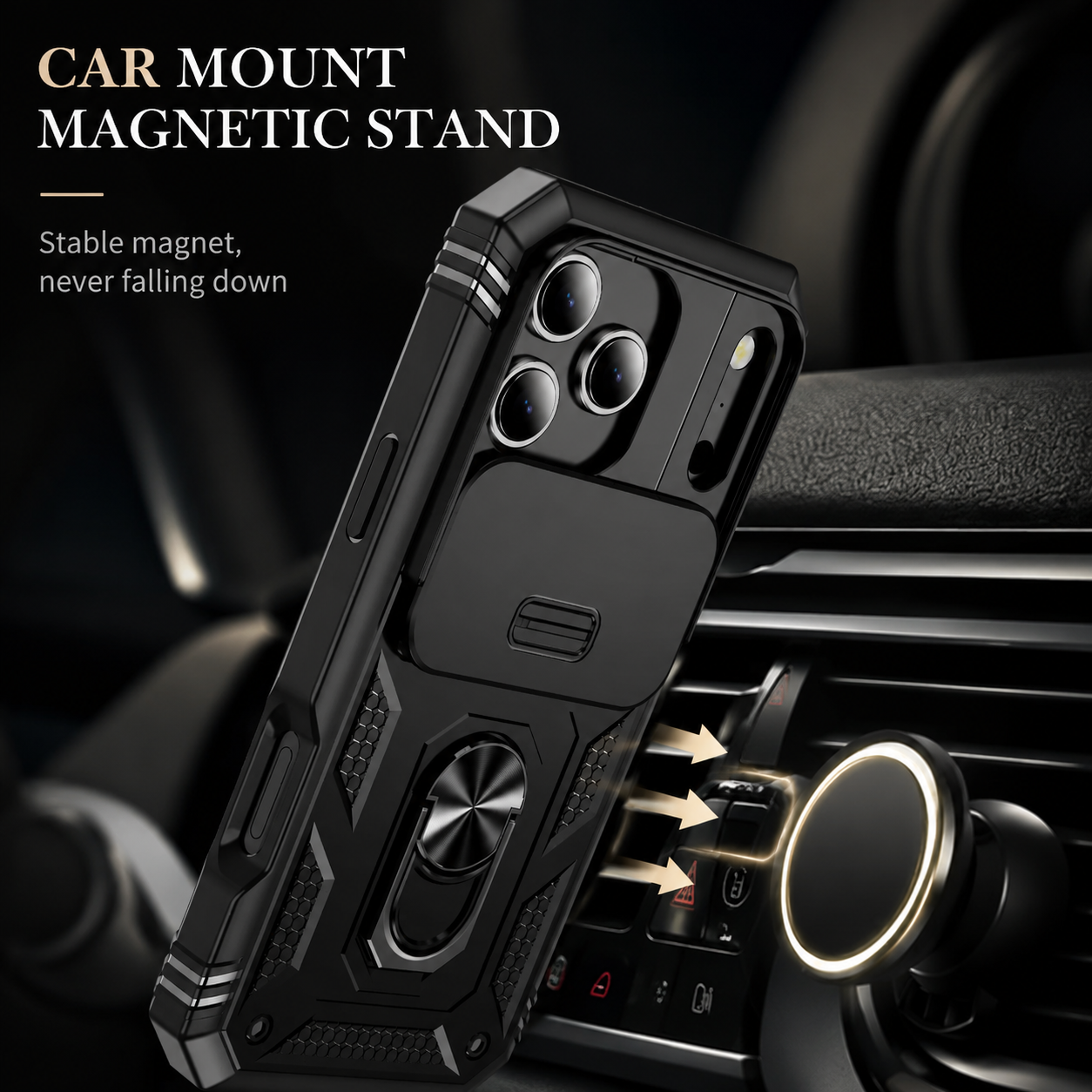 Premium iPhone Case Heavy Duty Rugged Shockproof Cover Sliding Camera Guard 360 Rotating Kickstand Anti Slip Magnetic Protective Full Coverage Design