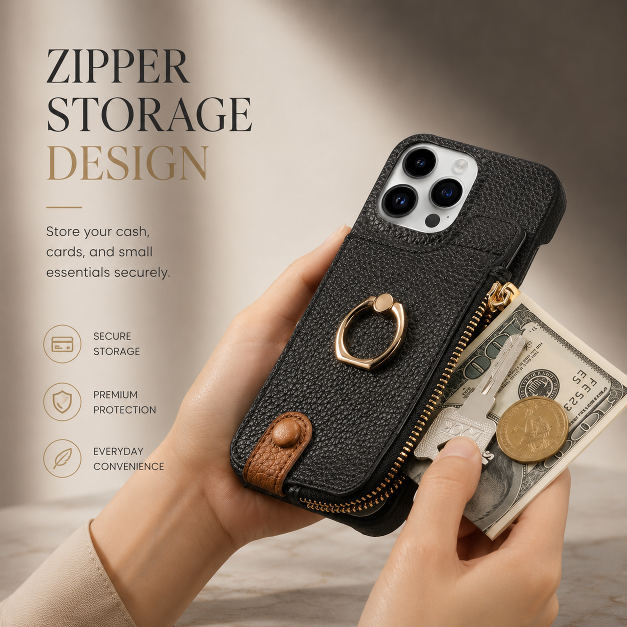 Premium iPhone Case Leather Zipper Wallet Protective Cover Card Holder Ring Kickstand Magnetic Closure Shockproof Anti Fingerprint Full Body Protection