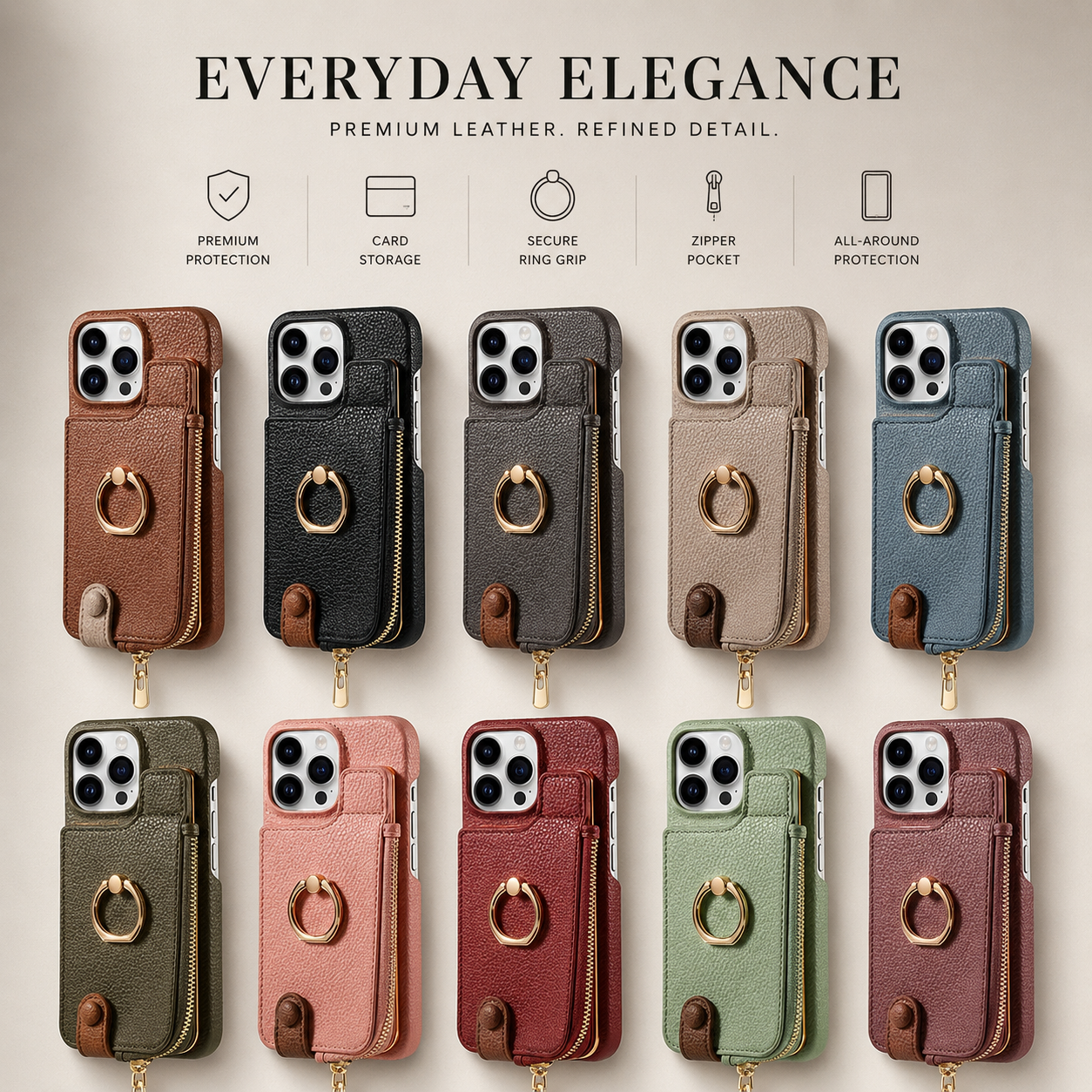 Premium iPhone Case Leather Zipper Wallet Protective Cover Card Holder Ring Kickstand Magnetic Closure Shockproof Anti Fingerprint Full Body Protection