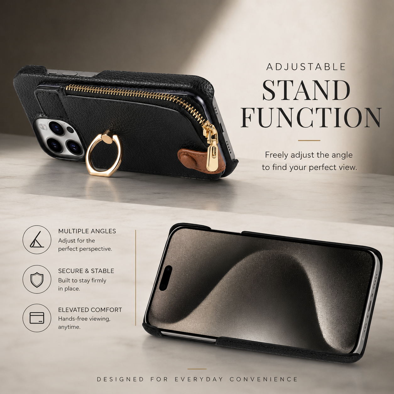 Premium iPhone Case Leather Zipper Wallet Protective Cover Card Holder Ring Kickstand Magnetic Closure Shockproof Anti Fingerprint Full Body Protection