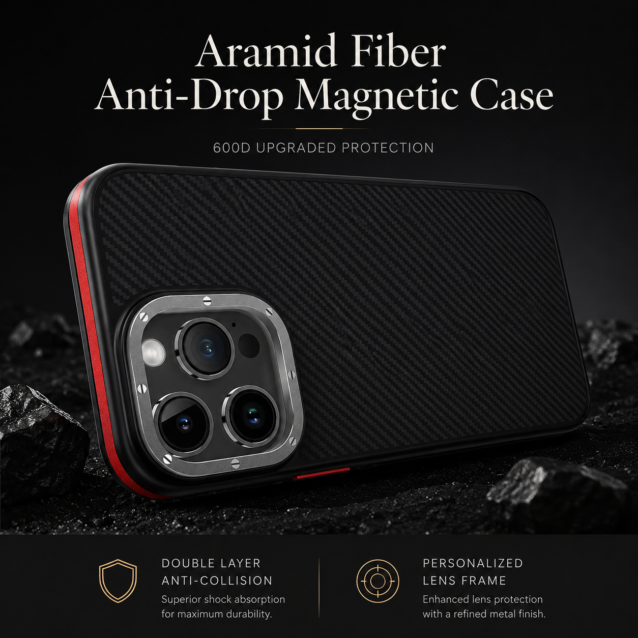 Premium iPhone Case MagSafe Compatible 600D Kevlar Magnetic Cover Metal Camera Ring Shockproof PC TPU Slim Half Wrapped Protective Design