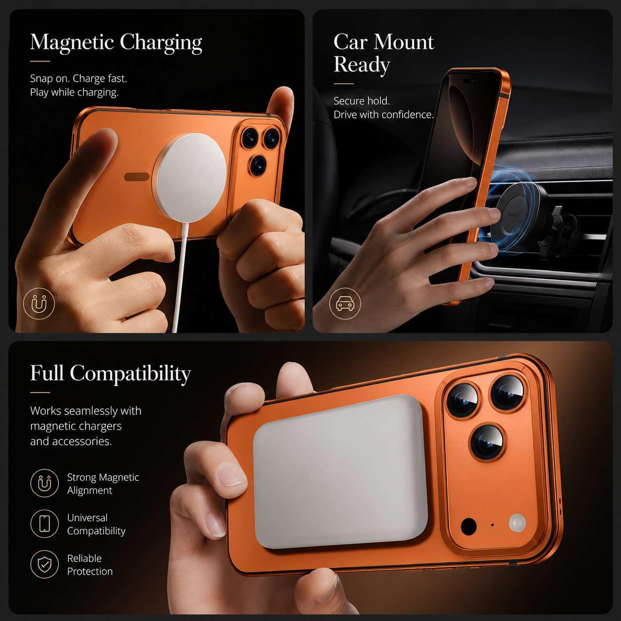 Premium iPhone Case MagSafe Compatible Aluminum Alloy Matte Hard Back Cover Shockproof Magnetic Glass Camera Protection Slim Lightweight Full Coverage