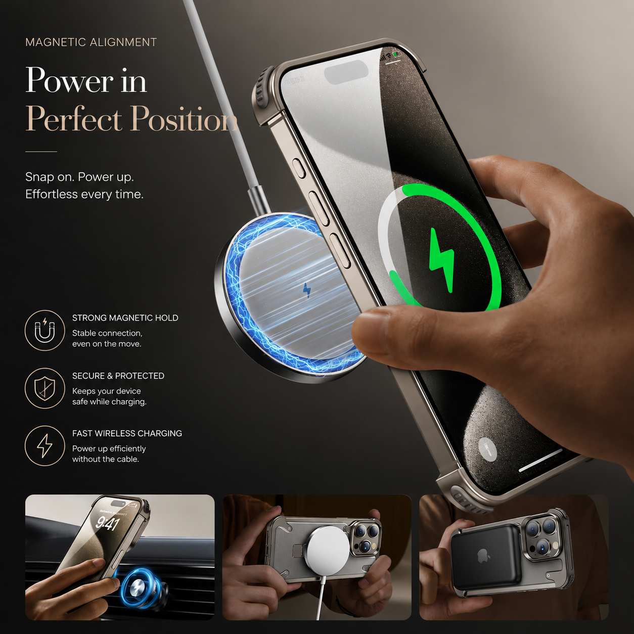Premium iPhone Case MagSafe Compatible Aluminum Frame Metal Back Built In Stand Ultra Thin Shockproof Camera Lens Protection Frameless Matte Design