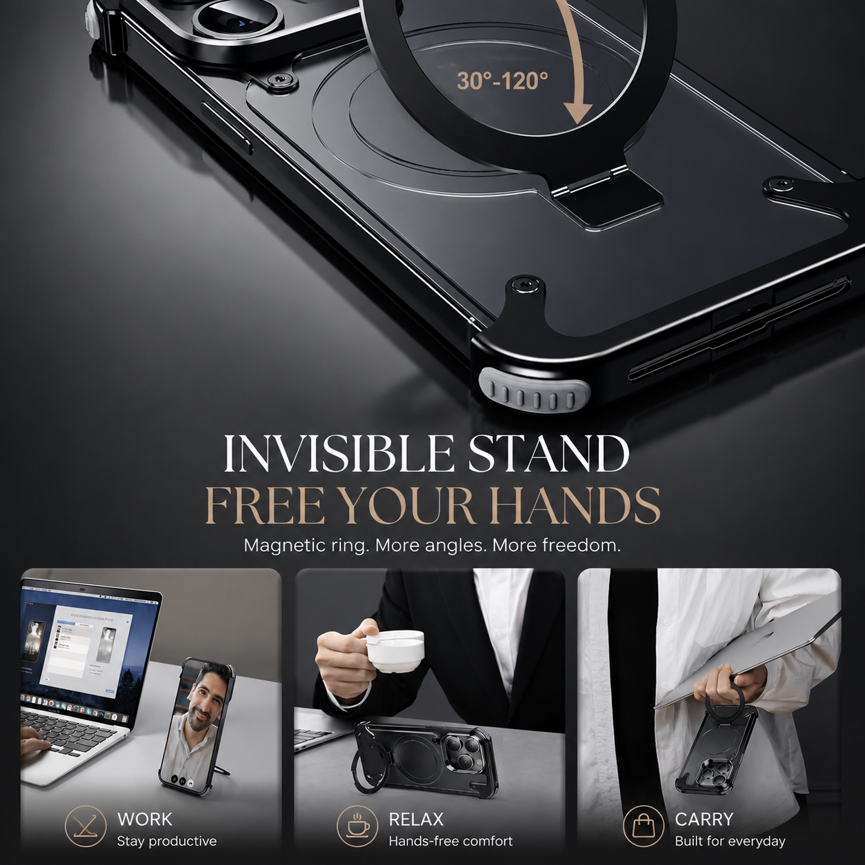 Premium iPhone Case MagSafe Compatible Aluminum Frame Metal Back Built In Stand Ultra Thin Shockproof Camera Lens Protection Frameless Matte Design
