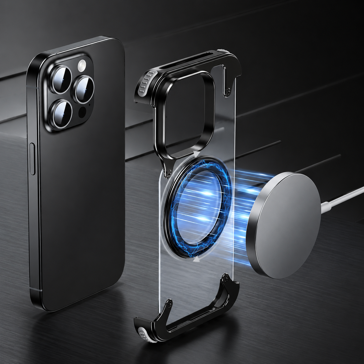 Premium iPhone Case MagSafe Compatible Aluminum Frame Metal Back Built In Stand Ultra Thin Shockproof Camera Lens Protection Frameless Matte Design