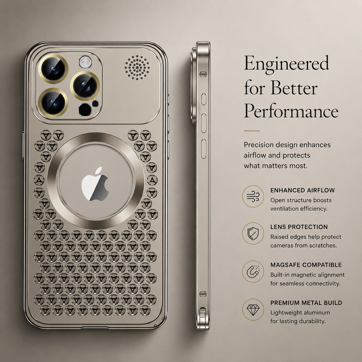 Premium iPhone Case MagSafe Compatible Aluminum Metal Frame Heat Dissipation Shockproof Cover Electroplated Protective Camera Lens Guard Slim Design