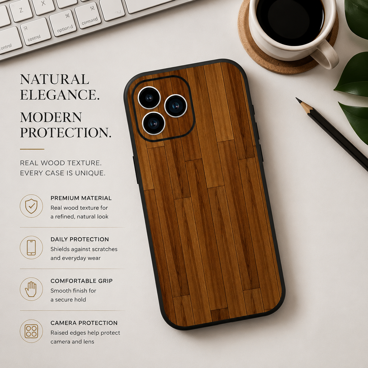 Premium iPhone Case MagSafe Compatible Bamboo Wood Grain Cover Metallic Frame Shockproof Protective Slim Camera Lens Protection Natural Design