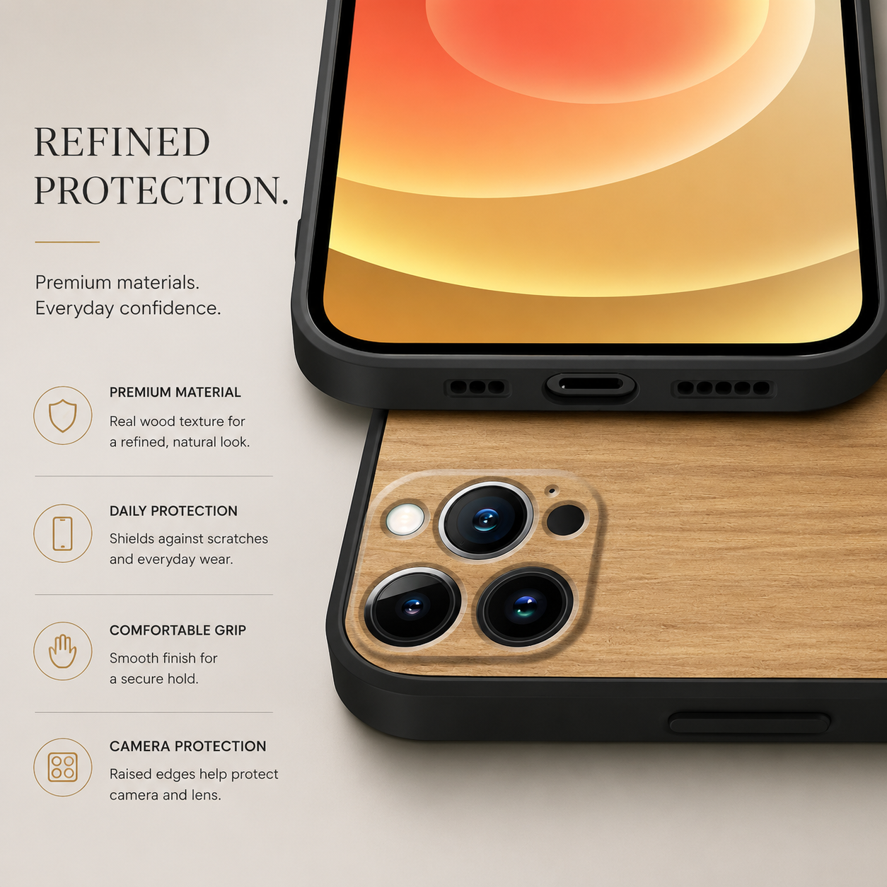 Premium iPhone Case MagSafe Compatible Bamboo Wood Grain Cover Metallic Frame Shockproof Protective Slim Camera Lens Protection Natural Design