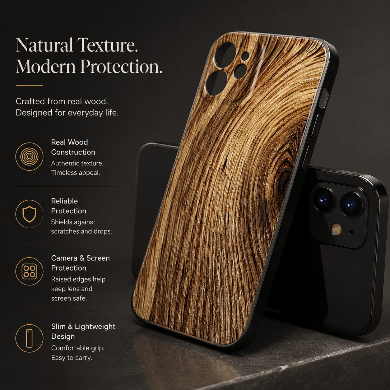 Premium iPhone Case MagSafe Compatible Bamboo Wood Grain Cover Metallic Frame Shockproof Protective Slim Camera Lens Protection Natural Design