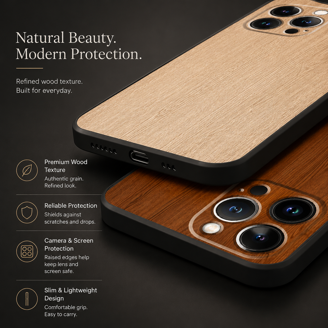 Premium iPhone Case MagSafe Compatible Bamboo Wood Grain Cover Metallic Frame Shockproof Protective Slim Camera Lens Protection Natural Design