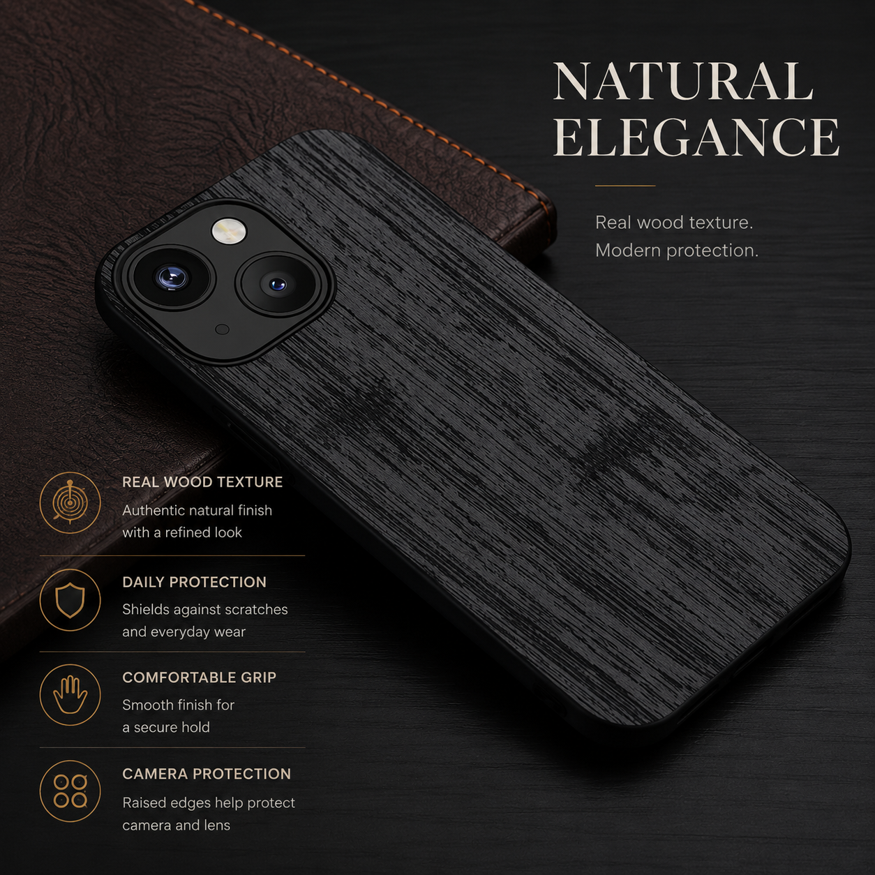 Premium iPhone Case MagSafe Compatible Bamboo Wood Leather Texture Cover Slim Shockproof Protective Camera Lens Protection Natural Finish Design