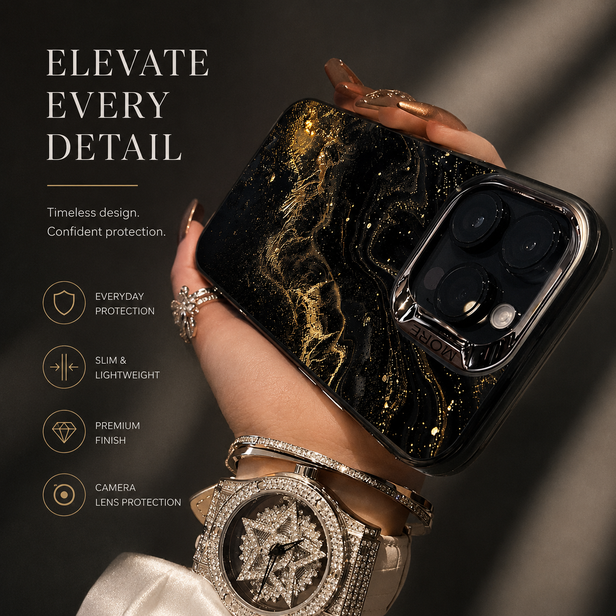 Premium iPhone Case MagSafe Compatible Black Marble Texture Magnetic Cover Gold Edge Shockproof Protective Camera Lens Guard 3D Grip Slim Design