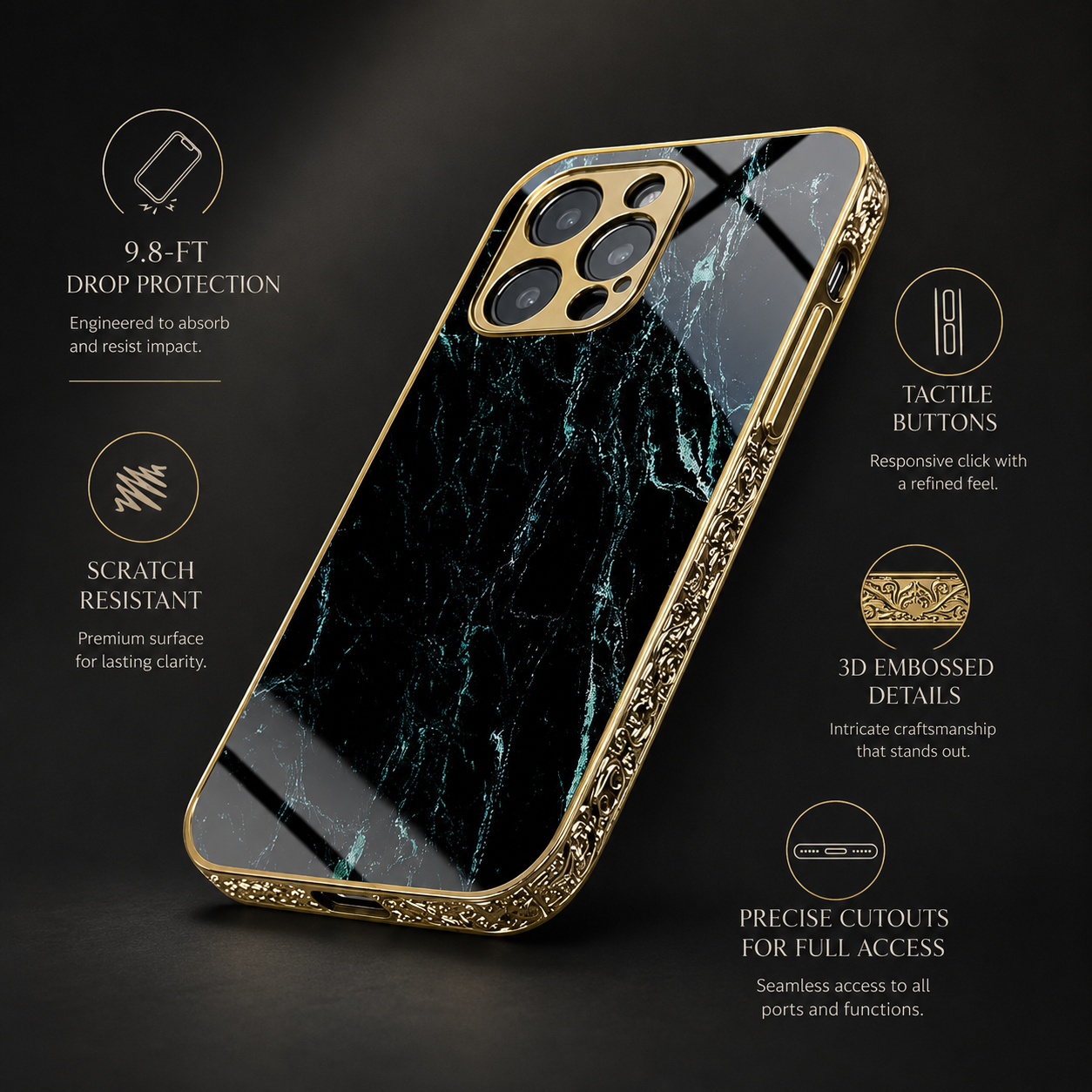 Premium iPhone Case MagSafe Compatible Black Marble Texture Magnetic Cover Gold Edge Shockproof Protective Camera Lens Guard 3D Grip Slim Design