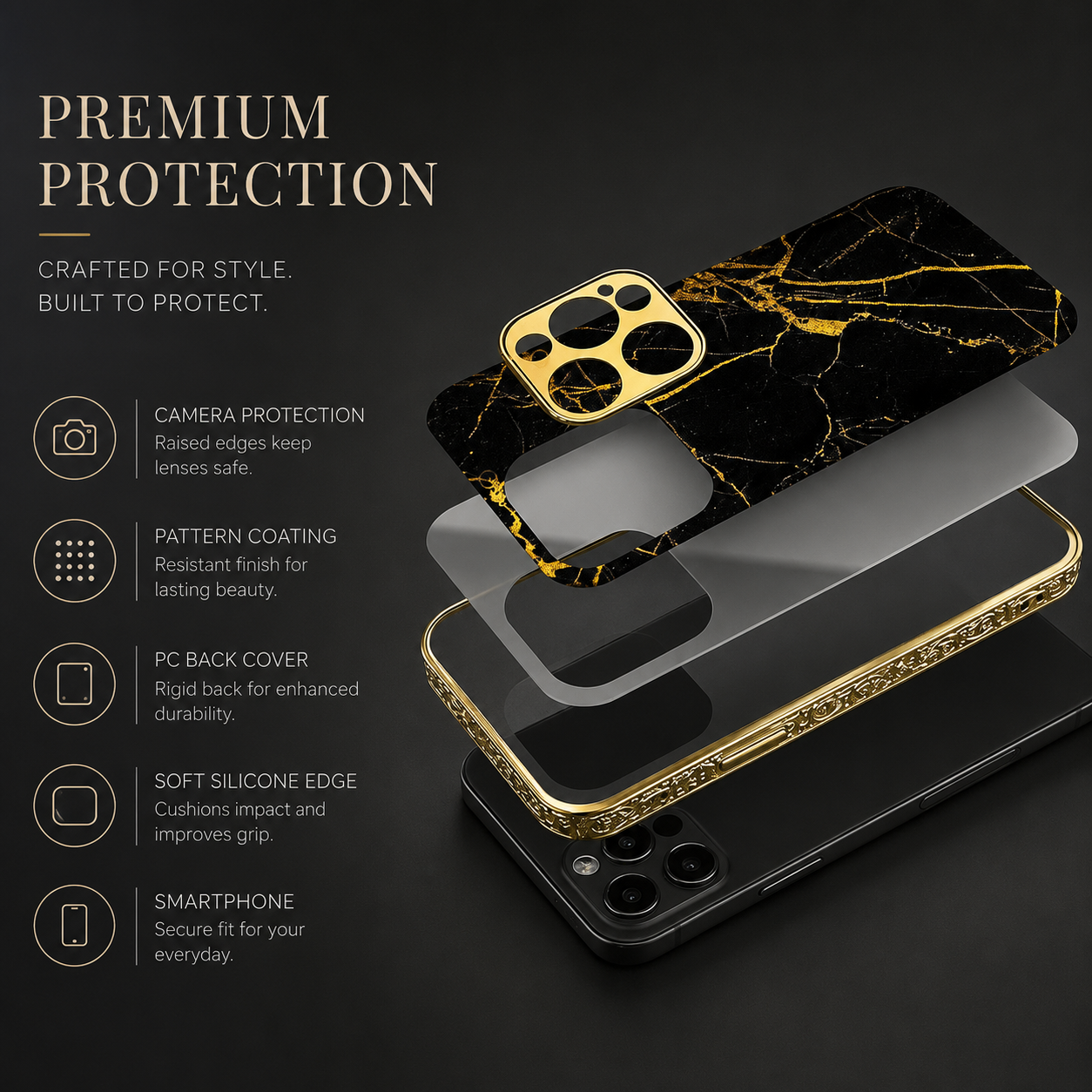 Premium iPhone Case MagSafe Compatible Black Marble Texture Magnetic Cover Gold Edge Shockproof Protective Camera Lens Guard 3D Grip Slim Design