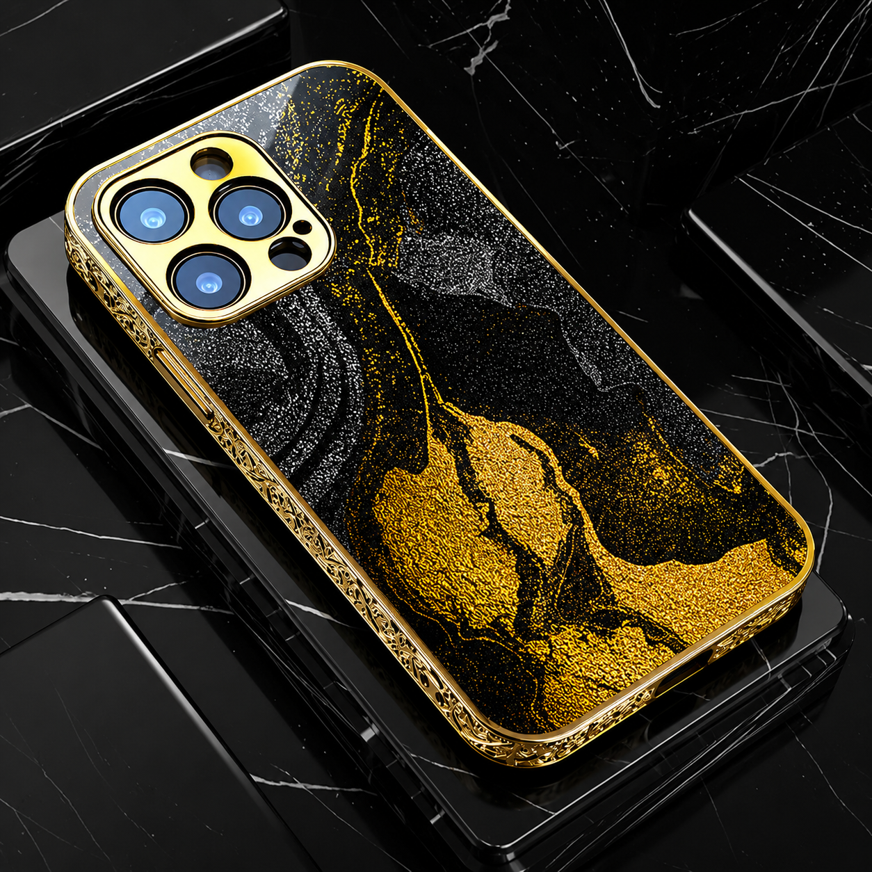 Premium iPhone Case MagSafe Compatible Black Marble Texture Magnetic Cover Gold Edge Shockproof Protective Camera Lens Guard 3D Grip Slim Design