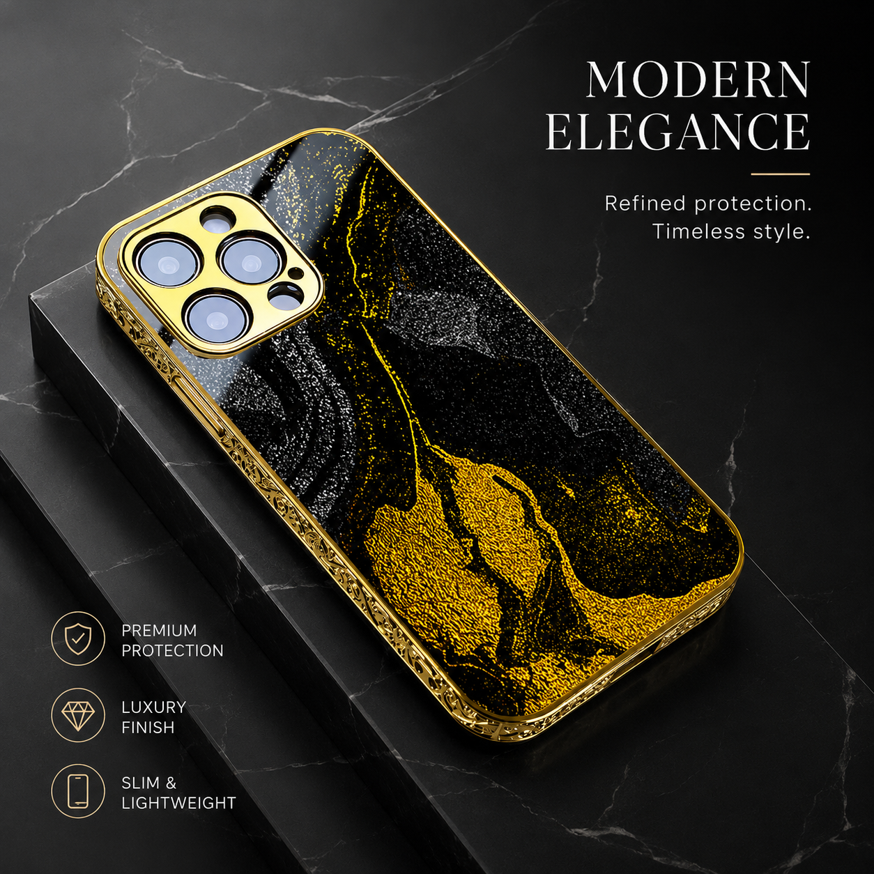 Premium iPhone Case MagSafe Compatible Black Marble Texture Magnetic Cover Gold Edge Shockproof Protective Camera Lens Guard 3D Grip Slim Design