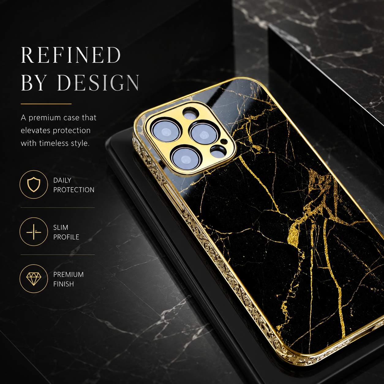 Premium iPhone Case MagSafe Compatible Black Marble Texture Magnetic Cover Gold Edge Shockproof Protective Camera Lens Guard 3D Grip Slim Design