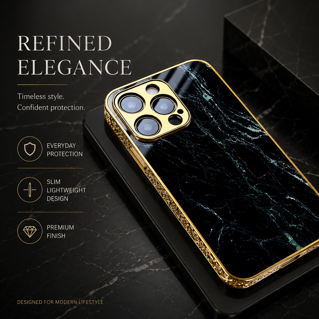 Premium iPhone Case MagSafe Compatible Black Marble Texture Magnetic Cover Gold Edge Shockproof Protective Camera Lens Guard 3D Grip Slim Design