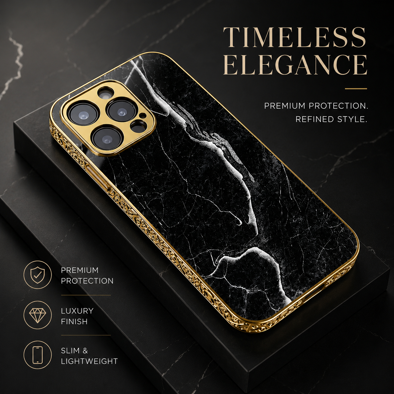 Premium iPhone Case MagSafe Compatible Black Marble Texture Magnetic Cover Gold Edge Shockproof Protective Camera Lens Guard 3D Grip Slim Design