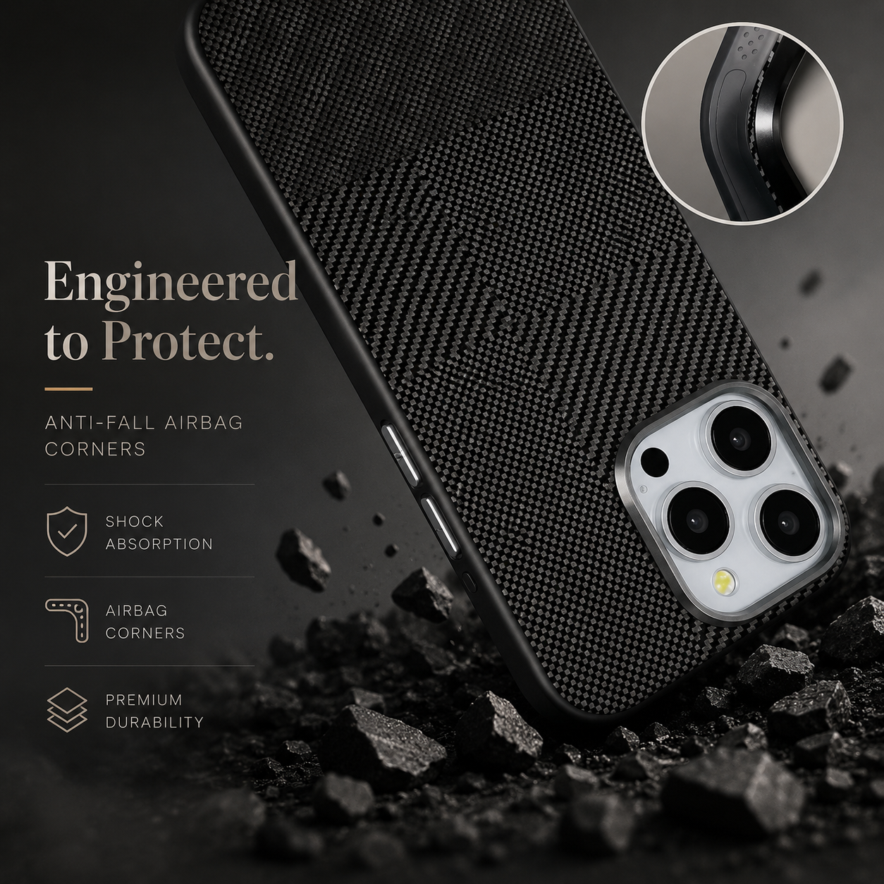 Premium iPhone Case MagSafe Compatible Carbon Fiber Cover Hybrid Shockproof Airbag Corners Metal Camera Guard Anti Fingerprint Slim Design