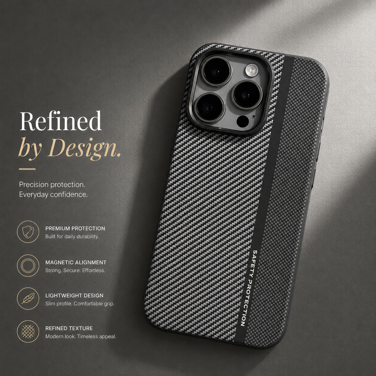 Premium iPhone Case MagSafe Compatible Carbon Fiber Cover Hybrid Shockproof Airbag Corners Metal Camera Guard Anti Fingerprint Slim Design