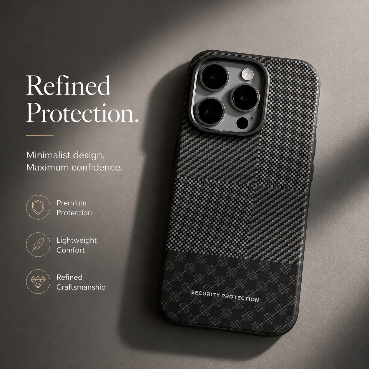 Premium iPhone Case MagSafe Compatible Carbon Fiber Cover Hybrid Shockproof Airbag Corners Metal Camera Guard Anti Fingerprint Slim Design