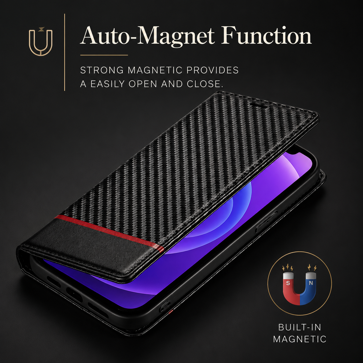 Premium iPhone Case MagSafe Compatible Carbon Fiber Leather Flip Wallet Cover Card Holder Stand Magnetic Shockproof Camera Lens Protection Slim Design