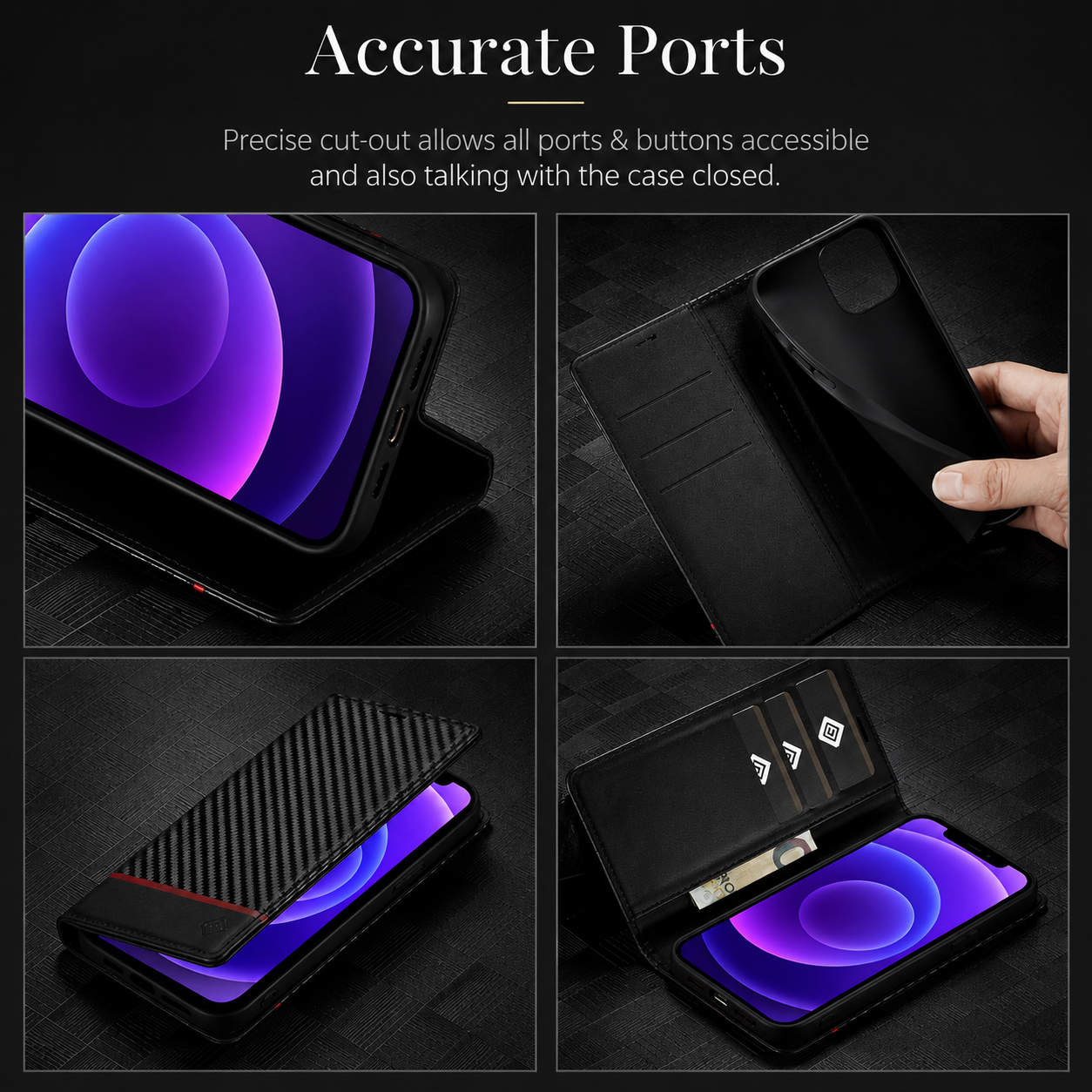 Premium iPhone Case MagSafe Compatible Carbon Fiber Leather Flip Wallet Cover Card Holder Stand Magnetic Shockproof Camera Lens Protection Slim Design