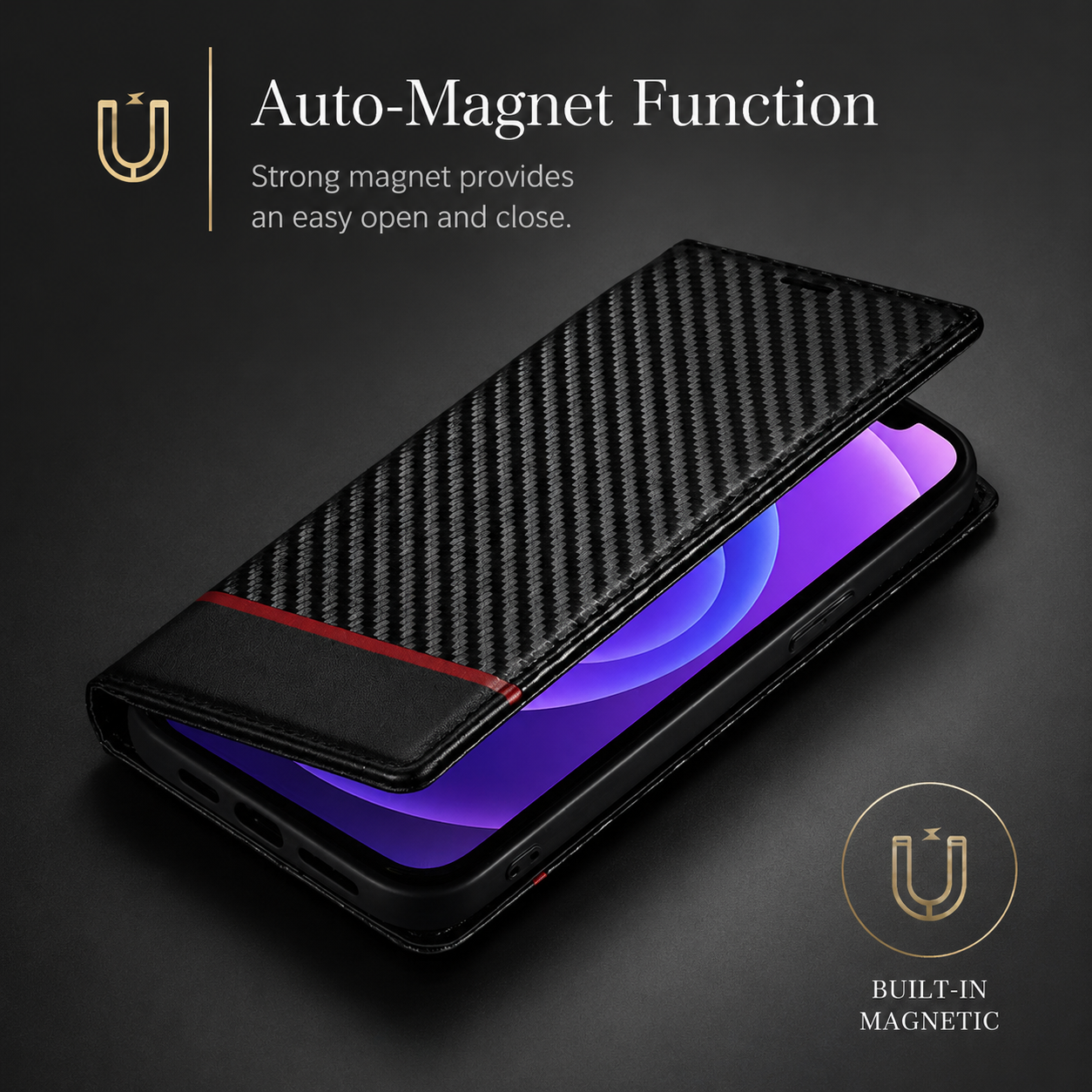 Premium iPhone Case MagSafe Compatible Carbon Fiber Leather Flip Wallet Cover Card Holder Stand Magnetic Shockproof Camera Lens Protection Slim Design