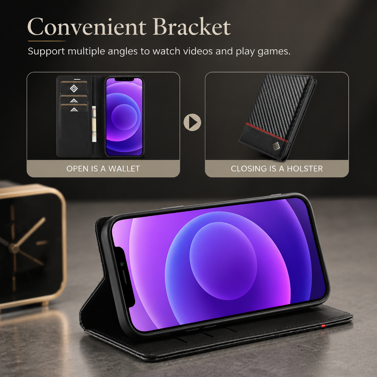 Premium iPhone Case MagSafe Compatible Carbon Fiber Leather Flip Wallet Cover Card Holder Stand Magnetic Shockproof Camera Lens Protection Slim Design